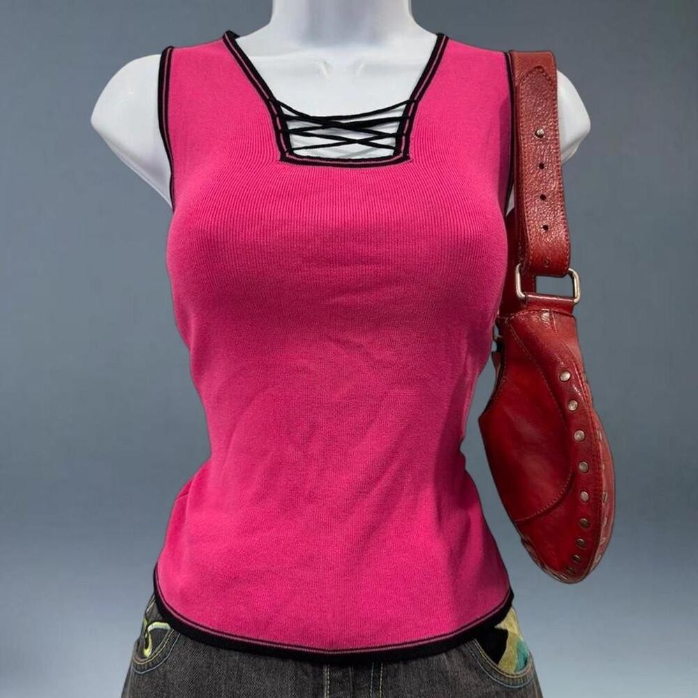 Finity Pink Lace Up Sleevless Knit Top Petite Small Black Contrast Trim Y2K